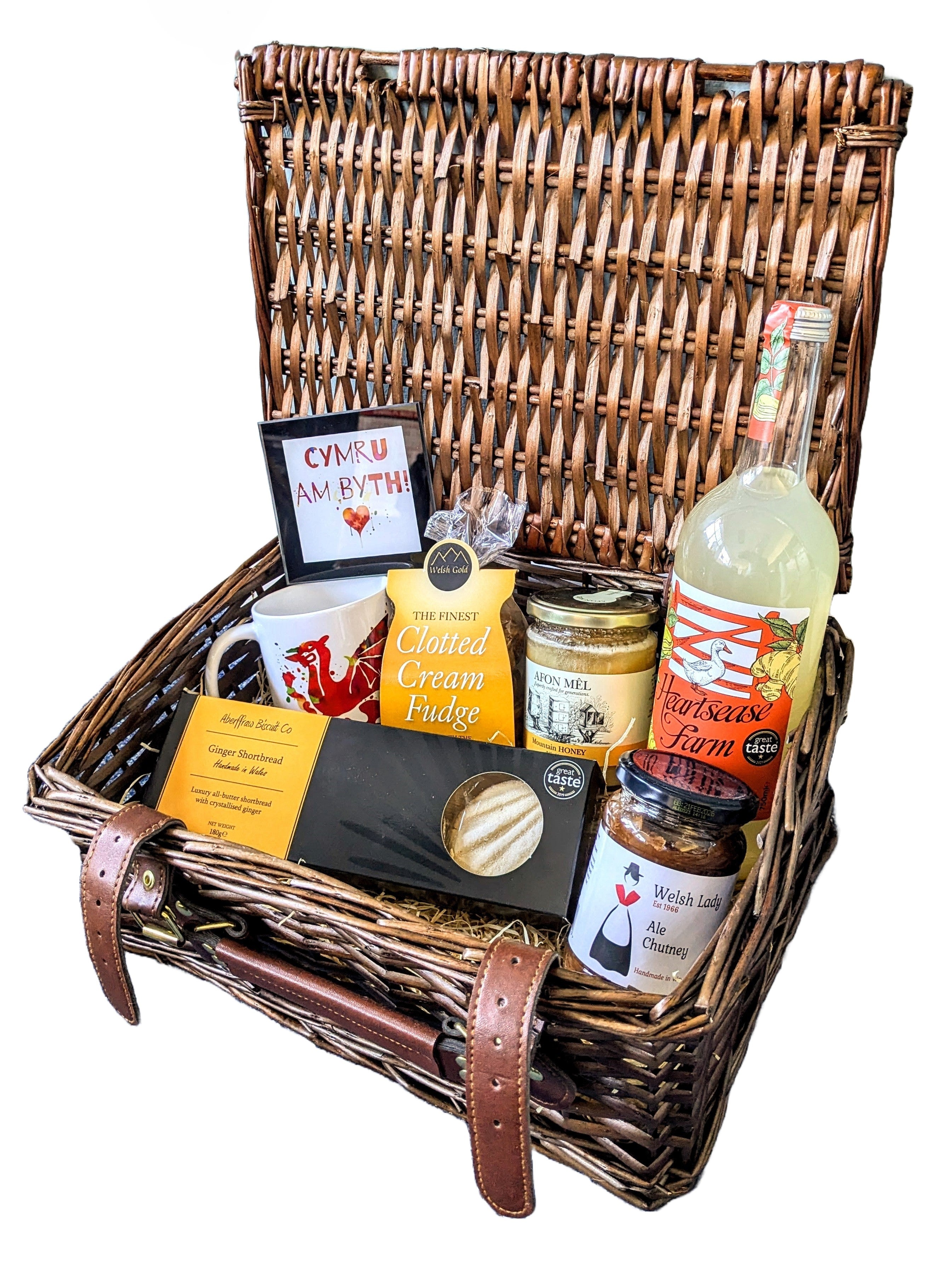 Hamper Cymreig - Bara Byr Sinsir, Cyffug, Mêl, Siytni Cwrw, Cwrw Sinsir a set Mwg a Mater