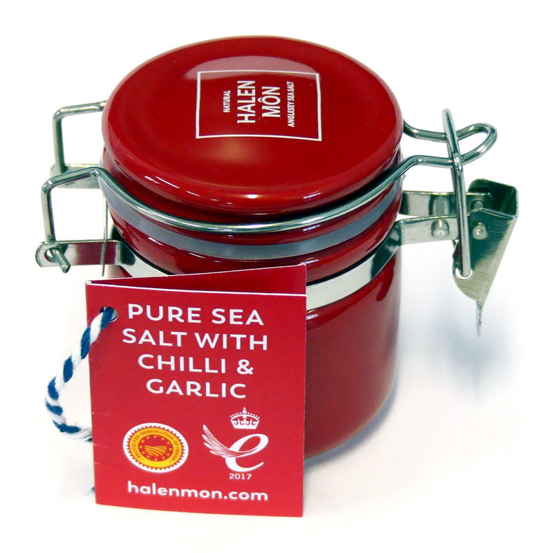 Halen Mon Red Kilner Jar Containing Pure Anglesey Sea Salt With Chilli & Garlic